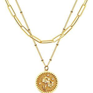 18k Gold Engraved Custom Floral Pendant Necklaces Dainty Birth Month Flower Disc
